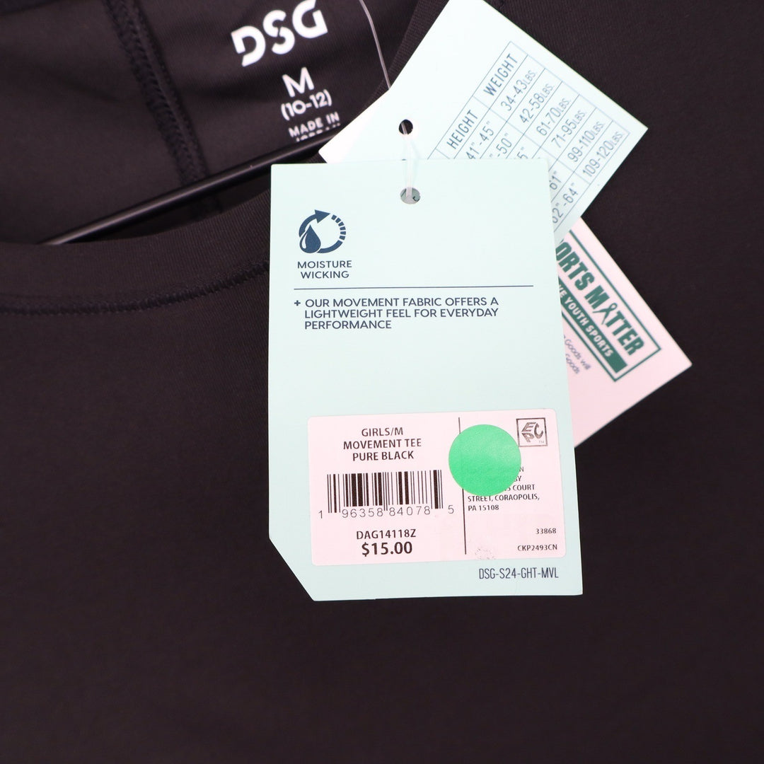 DSG Girls Movement Tee Pure Black Short Sleeve Athletic Shirt Size M 10-12 NEW