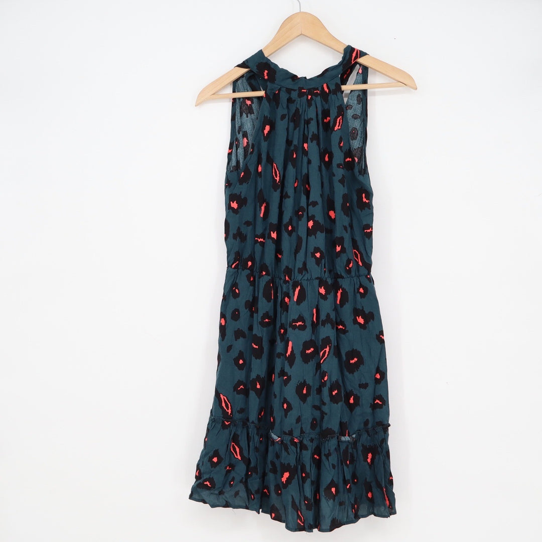 BTFBM Teal Animal Print Halter Mini Dress Sleeveless Ruffle Hem Small