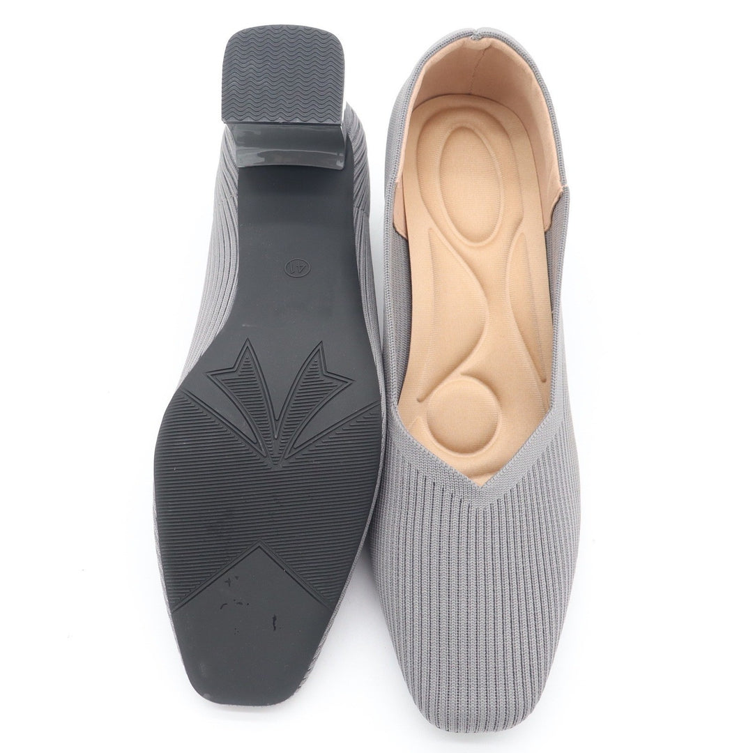 Gray Ribbed Knit Block Heel Pumps Square Toe Cushioned Insole Size 41