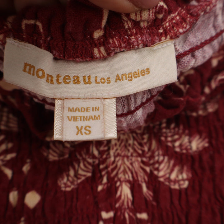 Monteau Los Angeles Strapless Maxi Dress XS Burgundy Tropical Palm Linen Blend