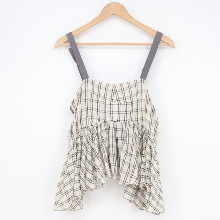 Free People Plaid Peplum Camisole Top Small Cream Black Adjustable Straps Cotton