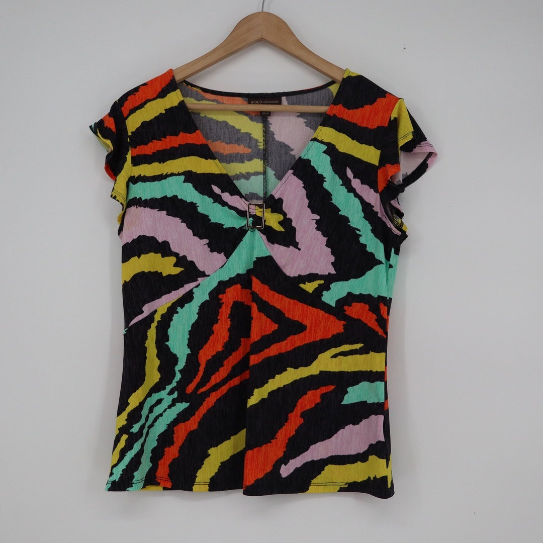 Bold Elements Womens Zebra Print V-Neck Flutter Sleeve Buckle Top Multicolor L