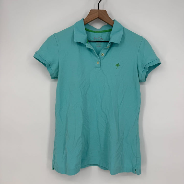 Lilly Pulitzer Island Polo Shirt Womens Medium Aqua Blue Cotton Trans Dry Golf