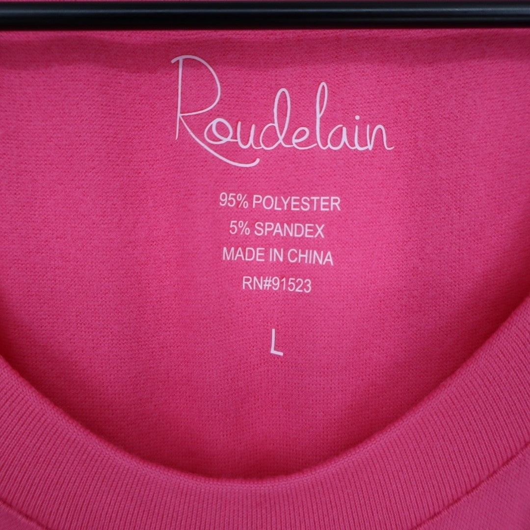 Roudelain Pajama Shirt Women Large Pink Stretch Long Sleeve Round Neck Side Slit