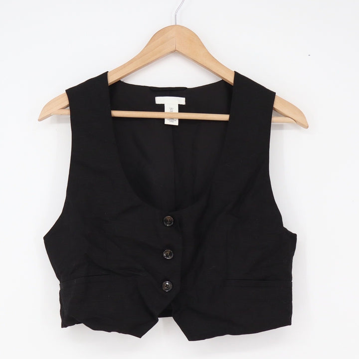 H&M Linen Vest Womens S Waistcoat Black Button-down Cropped Excellent