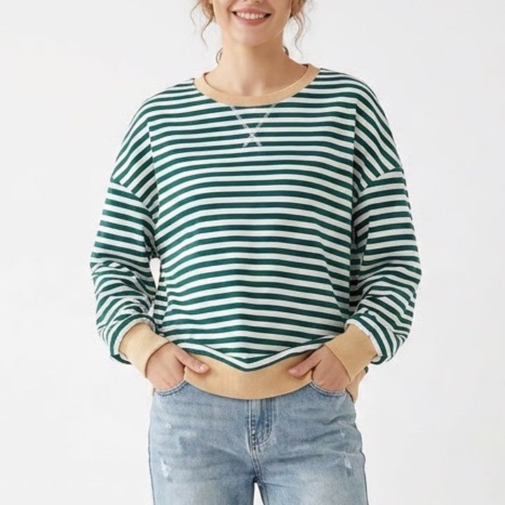 BTFBM Green White Striped Crewneck Sweatshirt Large Tan Trim