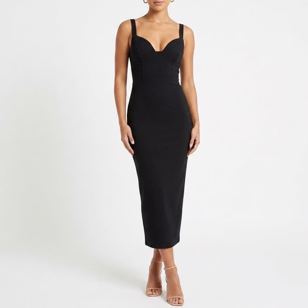Naked Wardrobe Black Ribbed Bustier Bodycon Maxi Dress Large