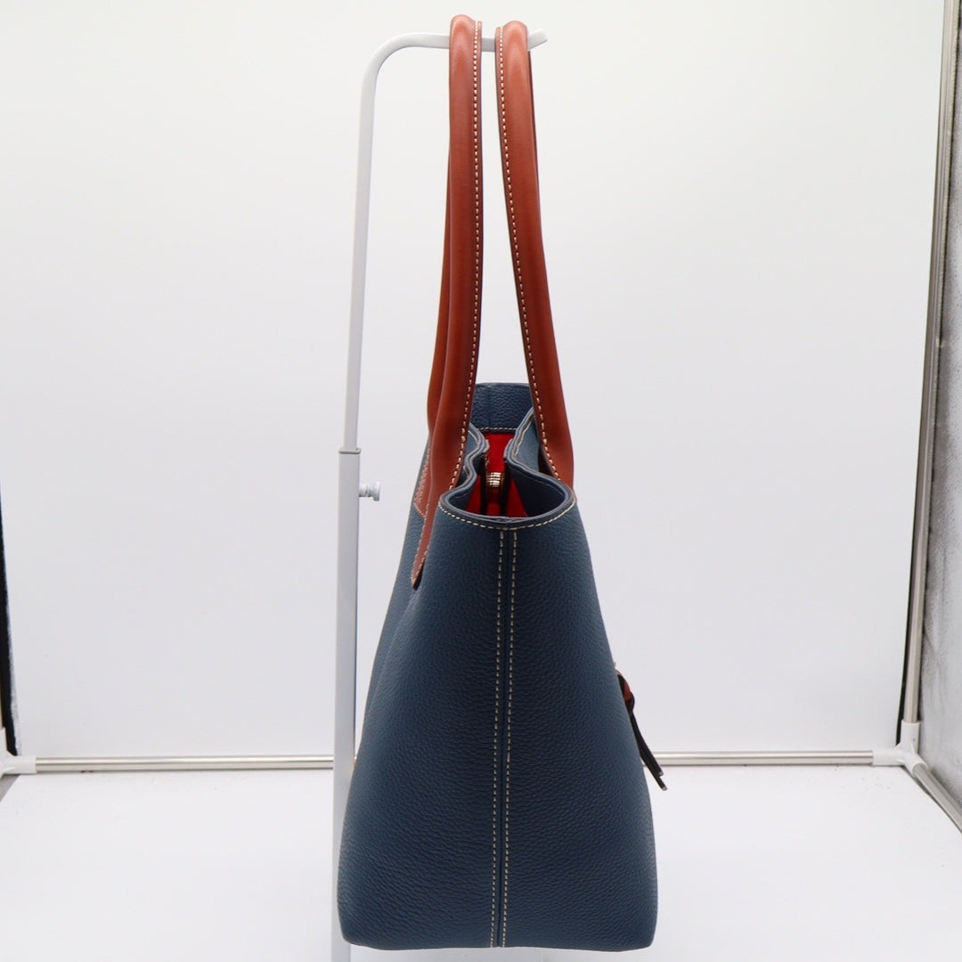 Dooney & Bourke Navy Blue Pebbled Leather Tote Bag Tan Trim