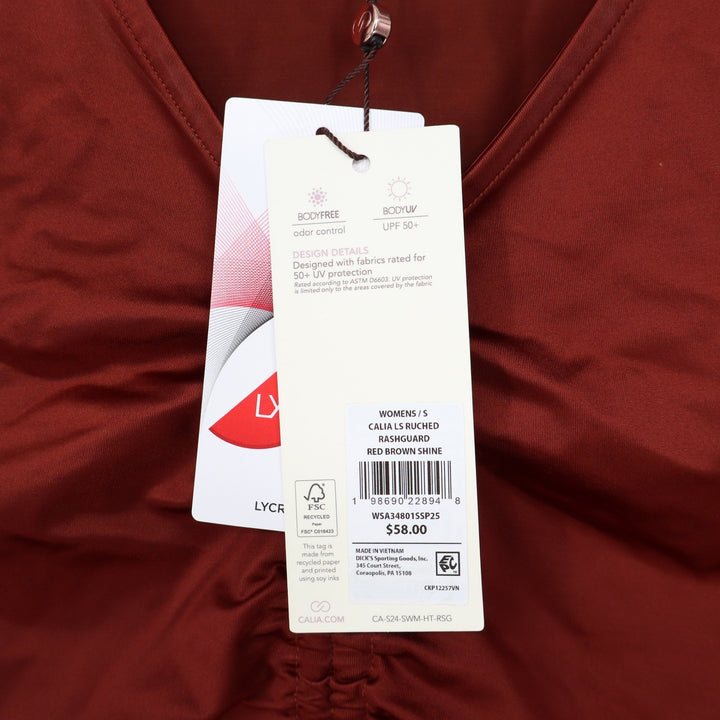 CALIA Womens Ruched Long Sleeve Rashguard Red Brown Shine UPF 50+ S