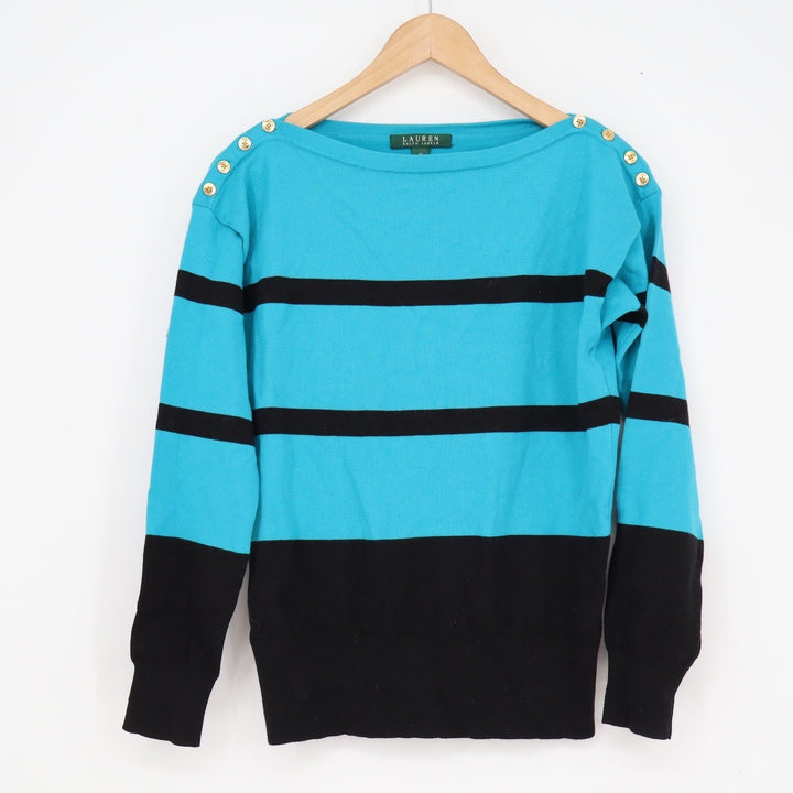Lauren Ralph Lauren Striped Button Shoulder Sweater Turquoise Black Medium M