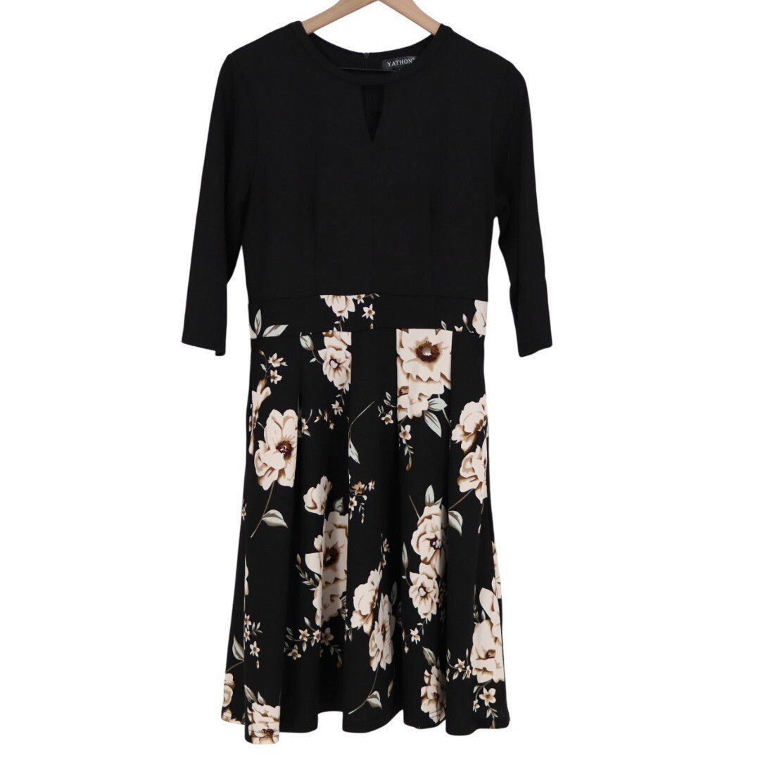 Yathon A-Line Dress Womens L Black Floral Cotton Long Sleeve Back Zip Split Neck