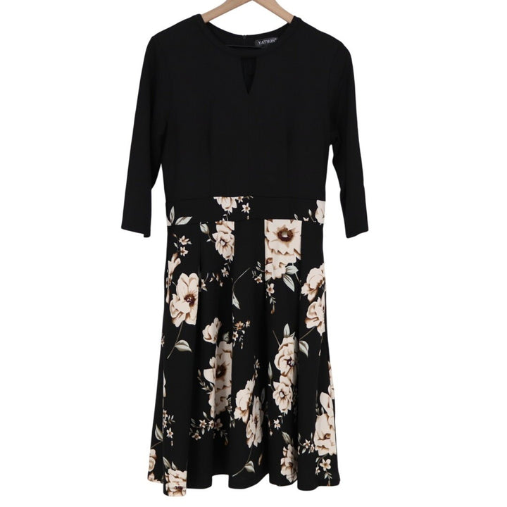 Yathon A-Line Dress Womens L Black Floral Cotton Long Sleeve Back Zip Split Neck