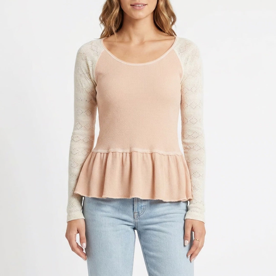 We The Free Free People Peach Thermal Lace Sleeve Peplum Top Small