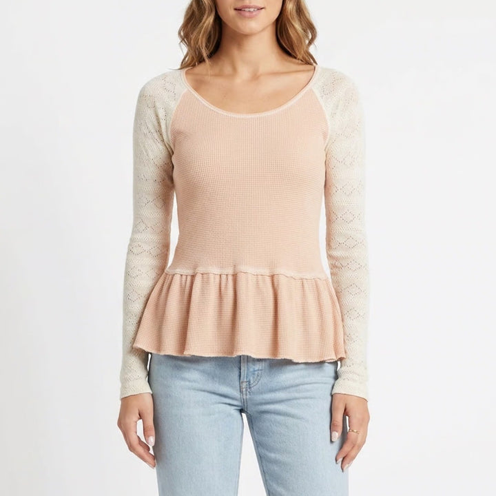 We The Free Free People Peach Thermal Lace Sleeve Peplum Top Small