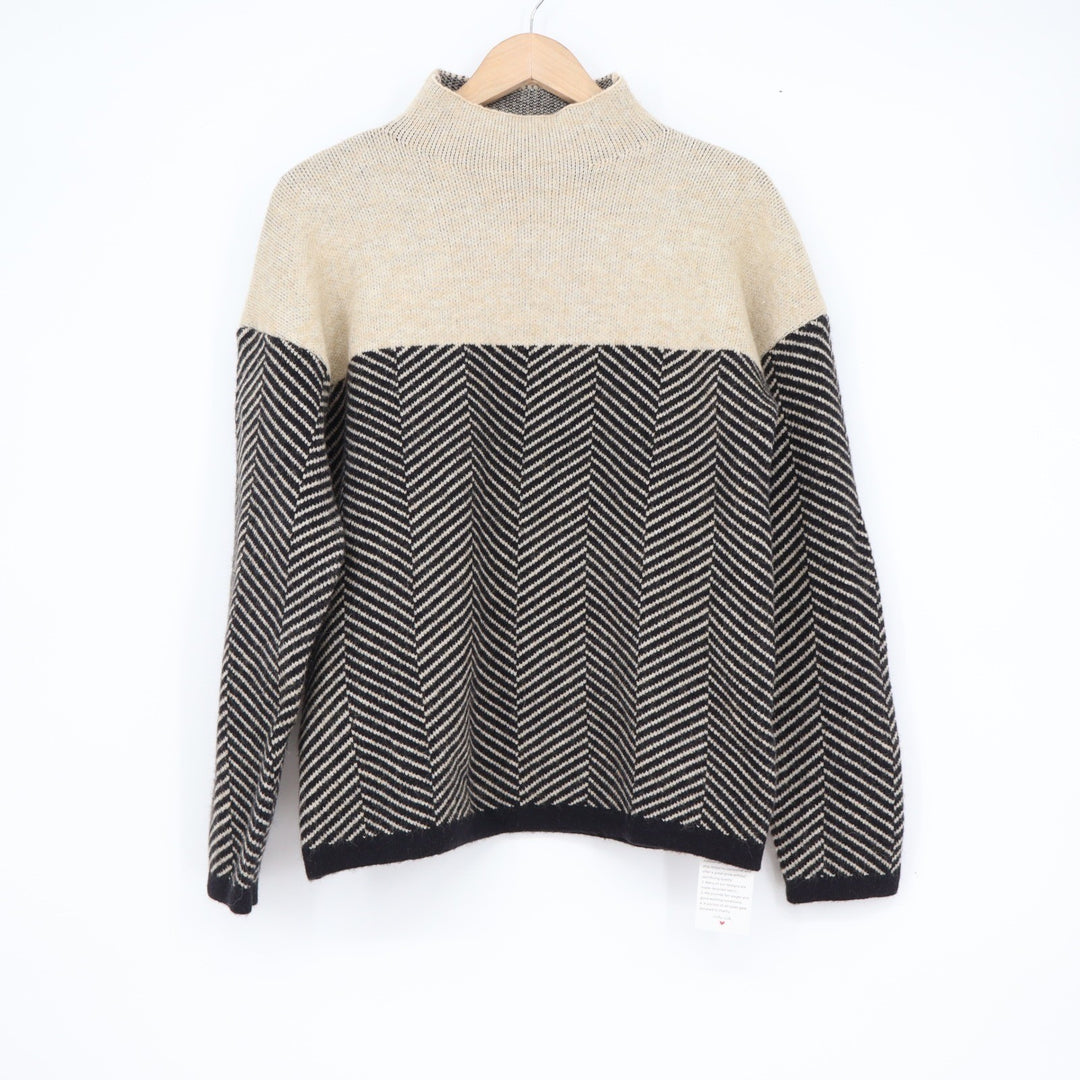 Made With Herringbone Mock Neck Sweater Cream Black Size M NWT Sustainable