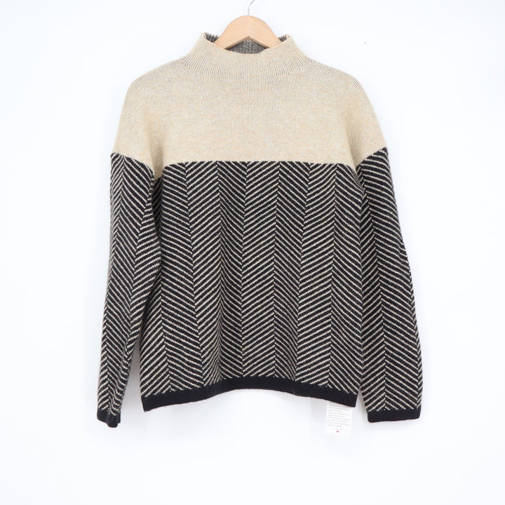 Made With Herringbone Mock Neck Sweater Cream Black Size M NWT Sustainable