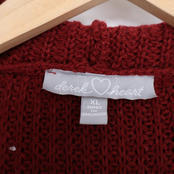 Derek Heart Cardigan Sweater Womens XL Red Acrylic Distressed Hooded Open Front