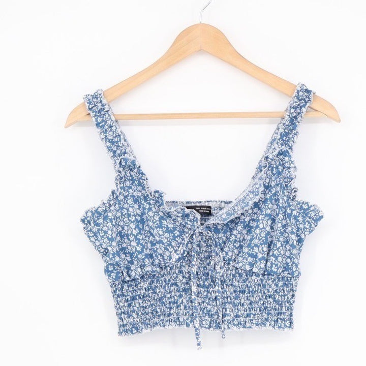 Shein Crop Tank Top Womens Large Blue Stretch Floral Ruffle Smocked Tie Front