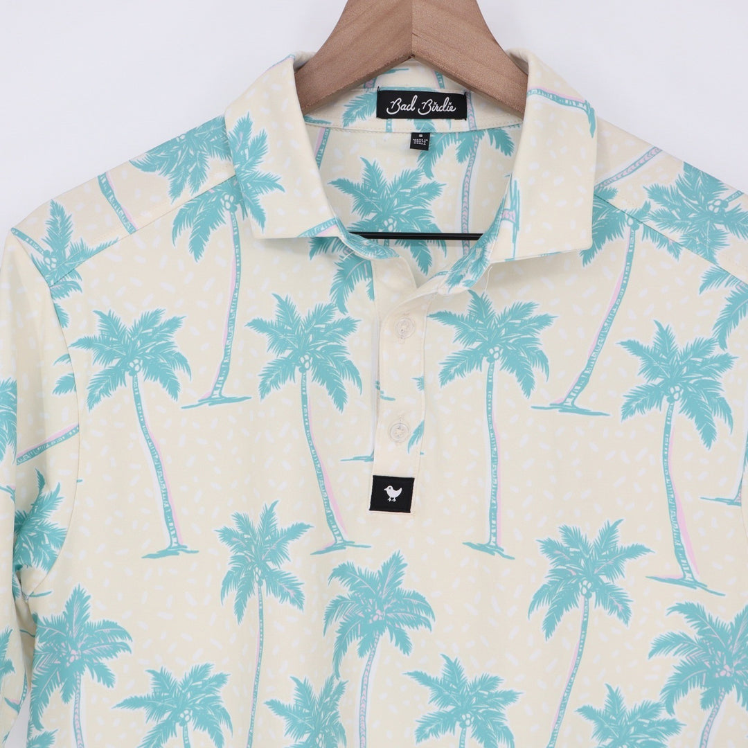 Bad Birdie Mens Small Palm Tree Tropical Golf Polo Shirt Cream Teal