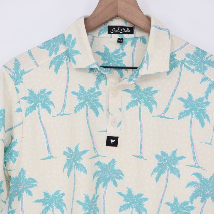 Bad Birdie Mens Small Palm Tree Tropical Golf Polo Shirt Cream Teal