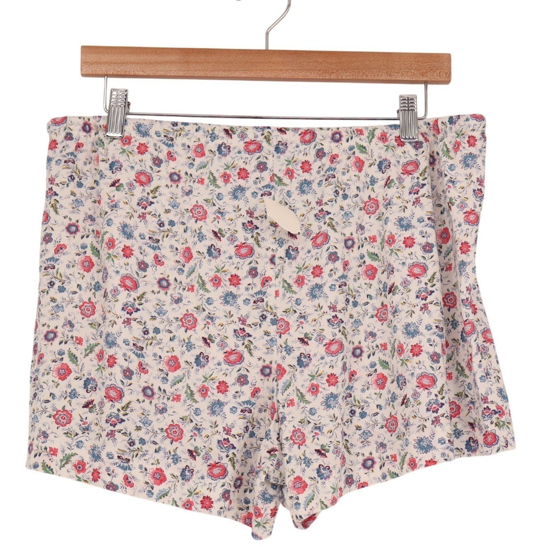 Shorts Womens Medium White Floral Cotton Slash Pockets Comfort Drawstring Waist