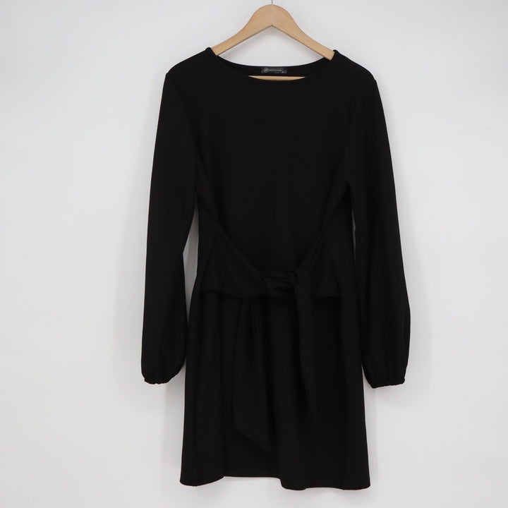 PrettyGarden Black Long Sleeve Tie Waist Mini Dress Size M Round Neck