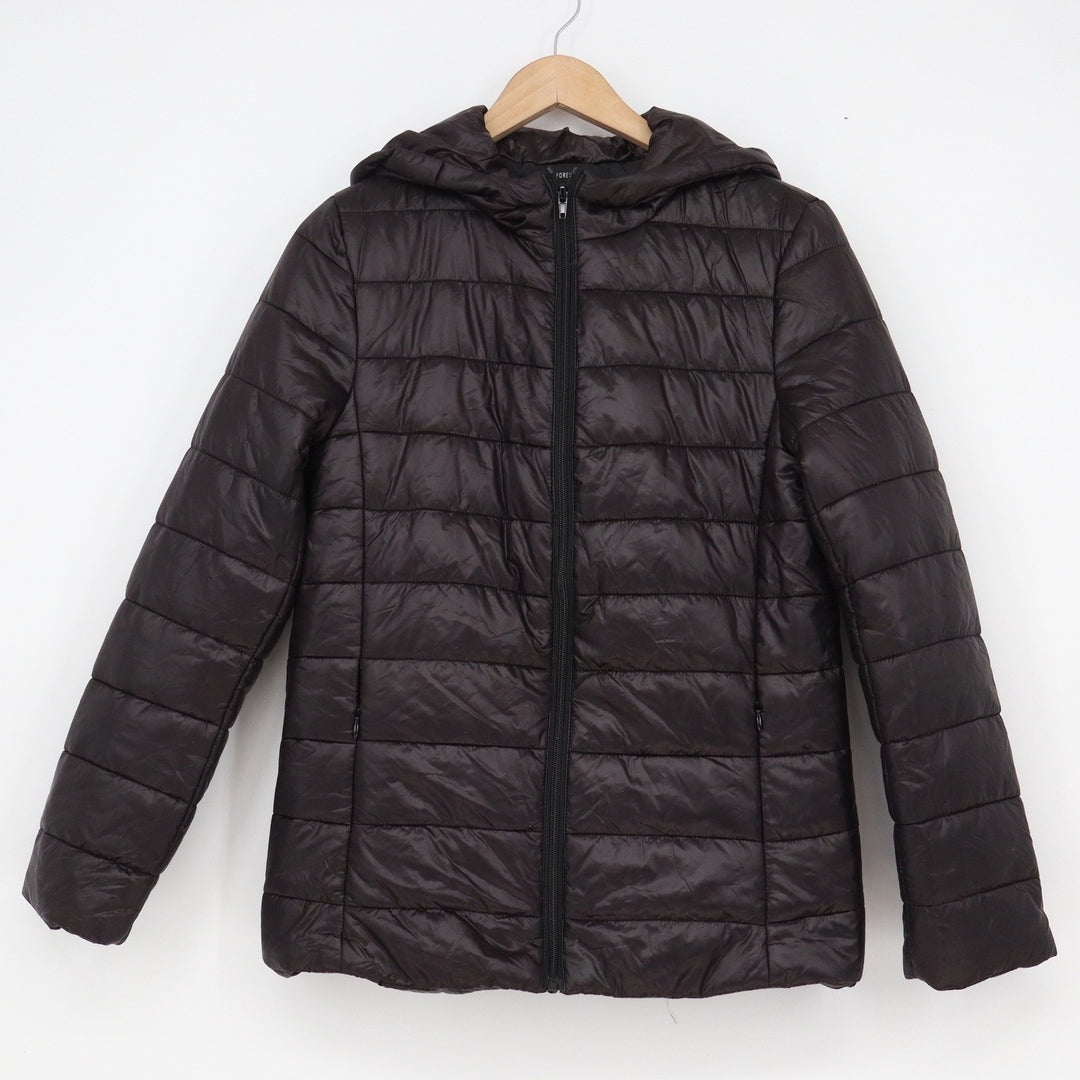 Forever 21 Womens Black Puffer Jacket Hooded Quilted Full Zip Size M