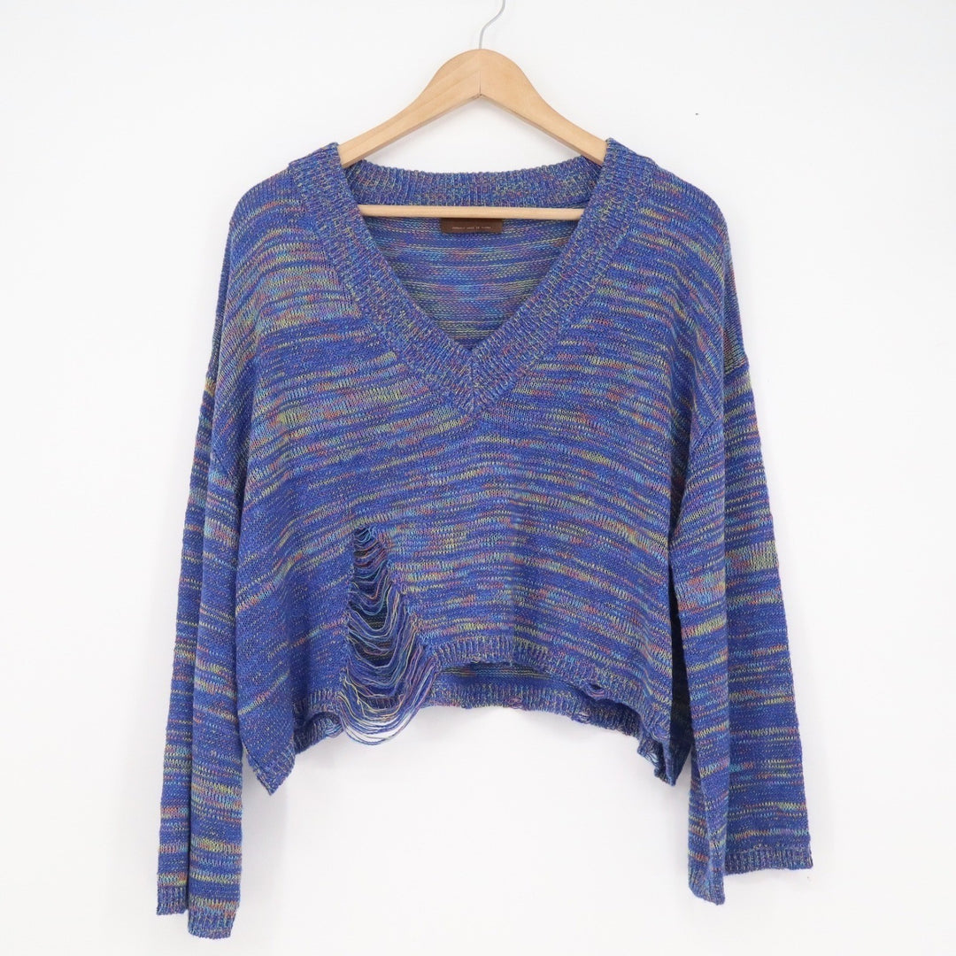 Kerisma Blue Multi Space Dye Distressed Cropped V-Neck Knit Sweater