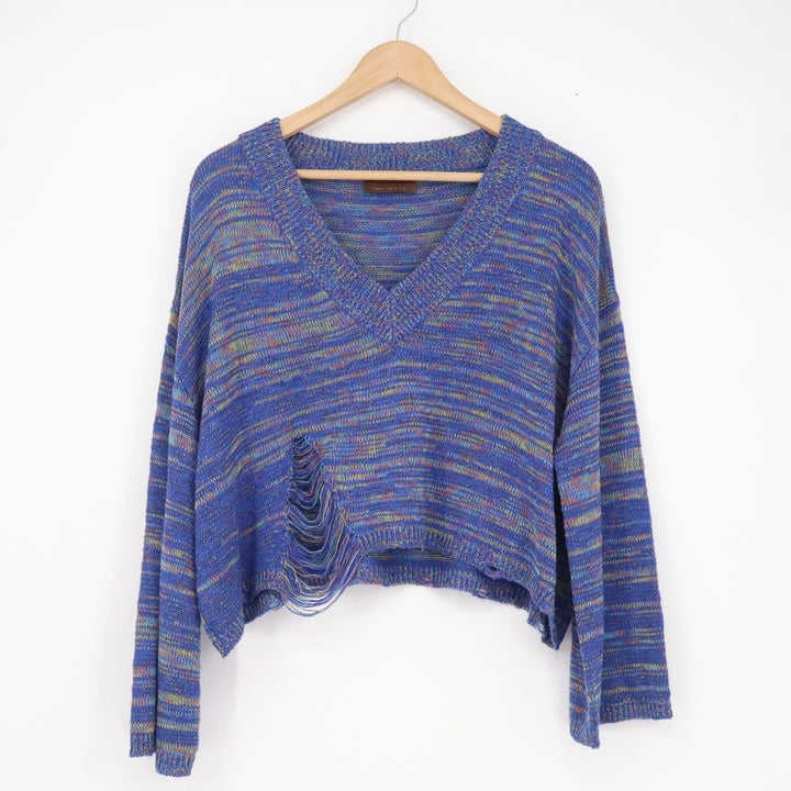 Kerisma Blue Multi Space Dye Distressed Cropped V-Neck Knit Sweater