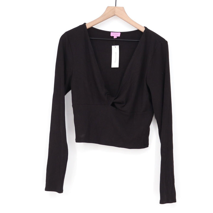 Mi Ami for Francesca's Black Ribbed Twist Front V-Neck Crop Top L