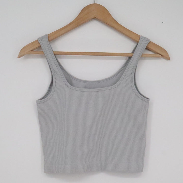 OQQ Womens Ribbed Seamless Crop Tank Top Light Grey Athletic Scoop Neck Large