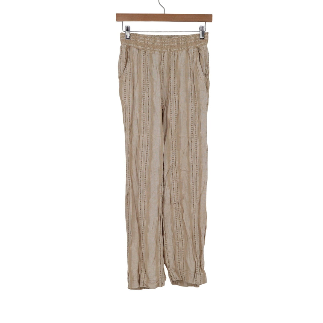 Briggs Womens XS Tan Linen Blend Striped Embroidered Smocked Waist Pants
