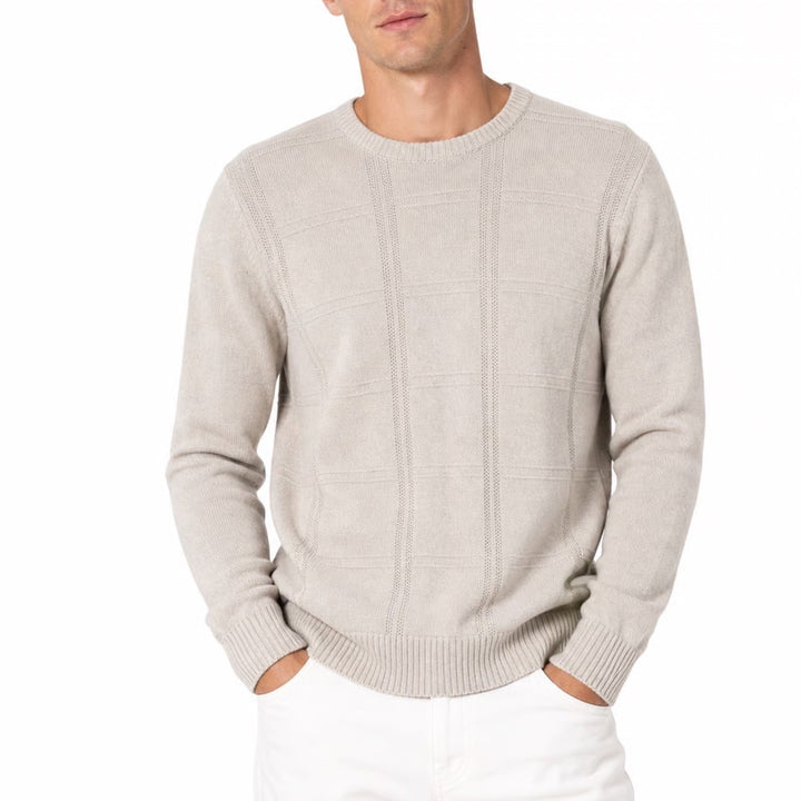 Haggar Mens Large Tan Beige Textured Grid Crewneck Cotton Blend Pullover Sweater