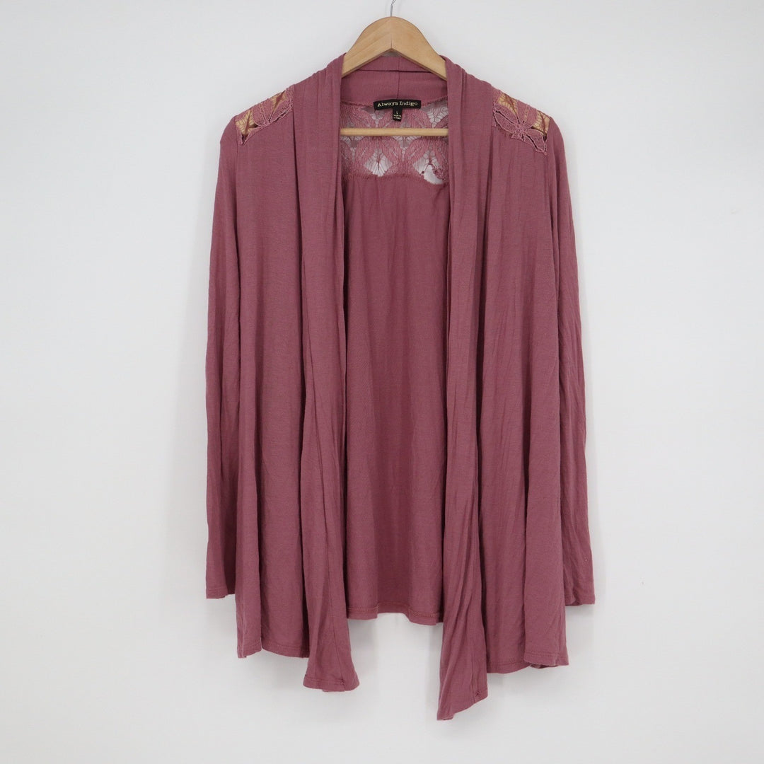 Always Indigo Mauve Lace Back Open Front Draped Cardigan Womens Large