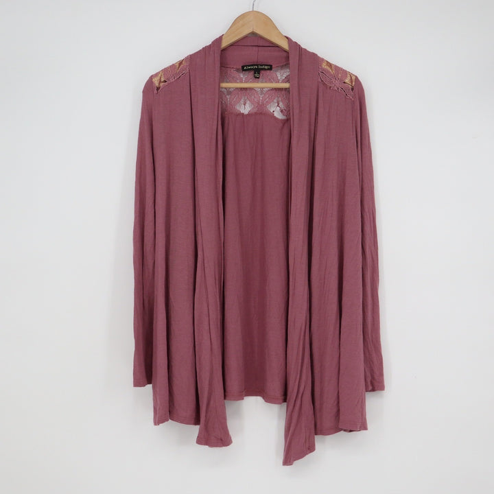 Always Indigo Mauve Lace Back Open Front Draped Cardigan Womens Large