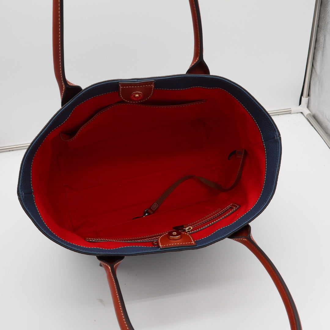 Dooney & Bourke Navy Blue Pebbled Leather Tote Bag Tan Trim