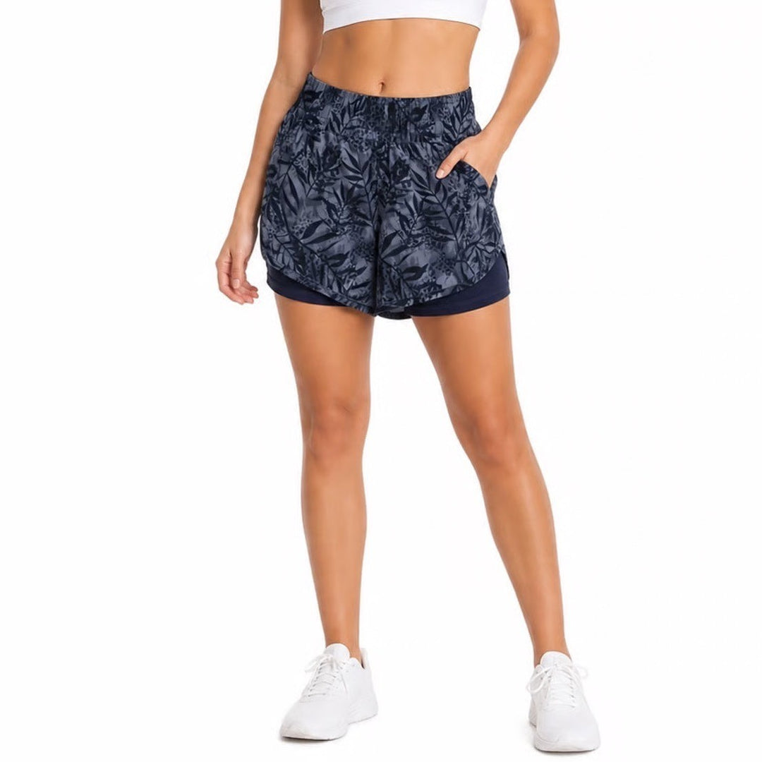 Avia Womens 2-in-1 Running Shorts Navy Grey Botanical Print Size M 8-10 Zip