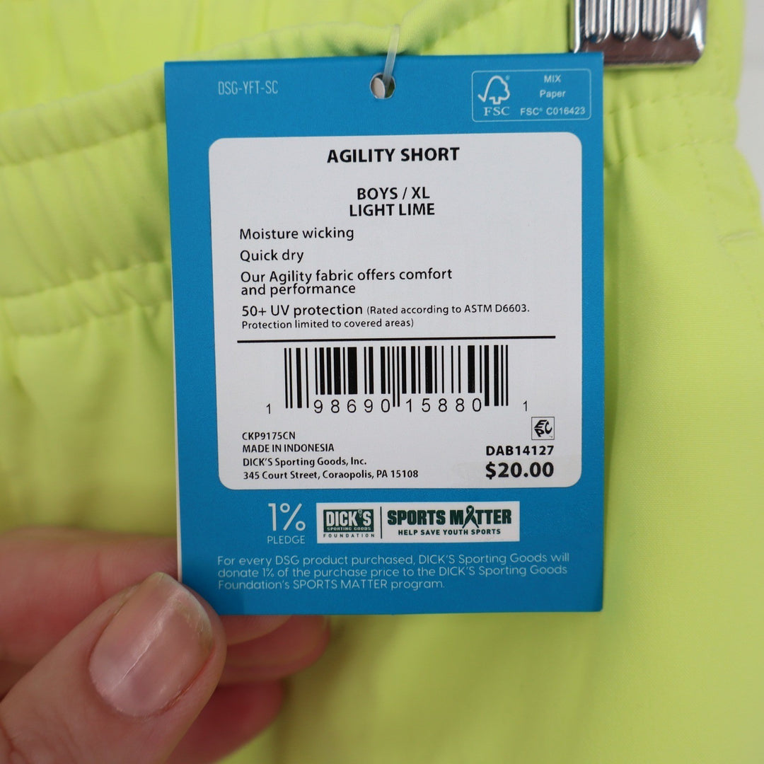 DSG Boys Agility Short XL 18 Light Lime Neon Yellow Moisture Wicking UV 50+ NEW