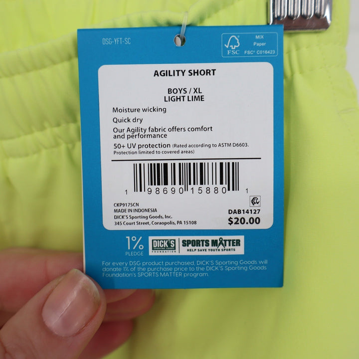 DSG Boys Agility Short XL 18 Light Lime Neon Yellow Moisture Wicking UV 50+ NEW