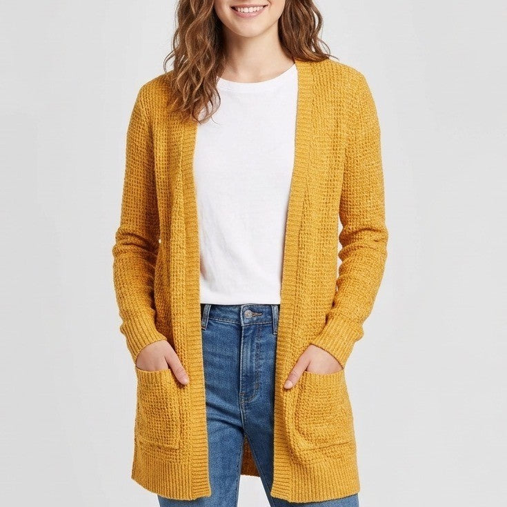 Mossimo Supply Cardigan Sweater Womens M Yellow Cotton Patch Pockets Open Front