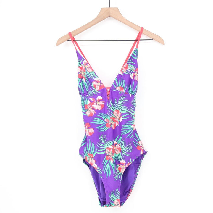 Old Navy Womens Purple Tropical Floral One Piece Swimsuit V-Neck Size M