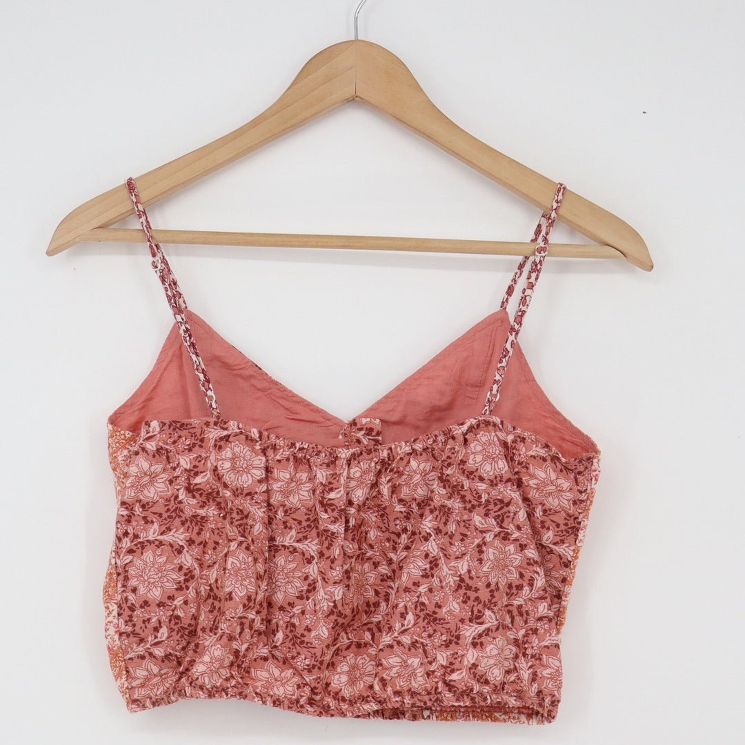 American Eagle Linen Top Womens XS Cami Cropped Floral Patchwork Pink Excellent