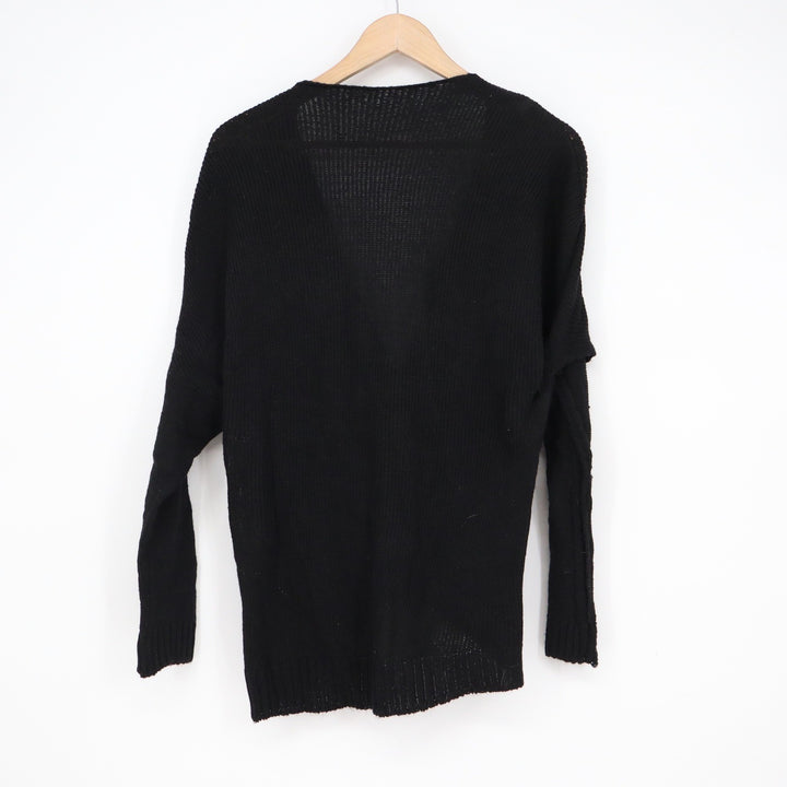 Black Wrap Front V-Neck Knit Sweater Long Sleeve Cotton Blend Relaxed Fit Small