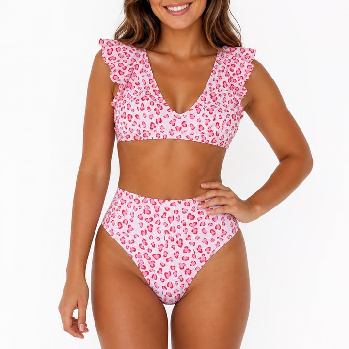 Pink Heart Leopard Print Ruffle V-Neck High Waisted Bikini Set XL