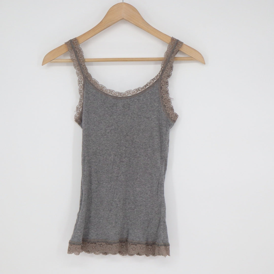 Hollister Womens XS Gray Ribbed Lace Trim Camisole Tank Top Embroidered Logo