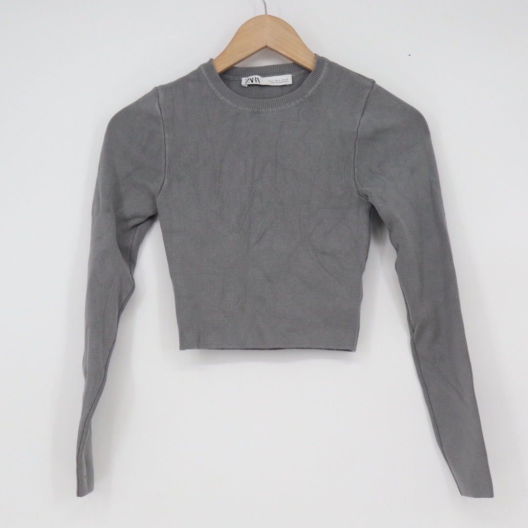 Zara Grey Ribbed Knit Long Sleeve Cropped Top Crew Neck Size S