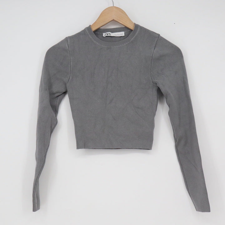 Zara Grey Ribbed Knit Long Sleeve Cropped Top Crew Neck Size S