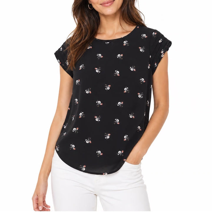 Lily White Black Floral Pleated Cap Sleeve Blouse Small