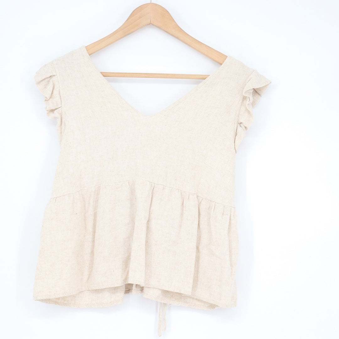 New In Oatmeal Linen Blend Ruffle Sleeve Lace Up Back Peplum Top Large