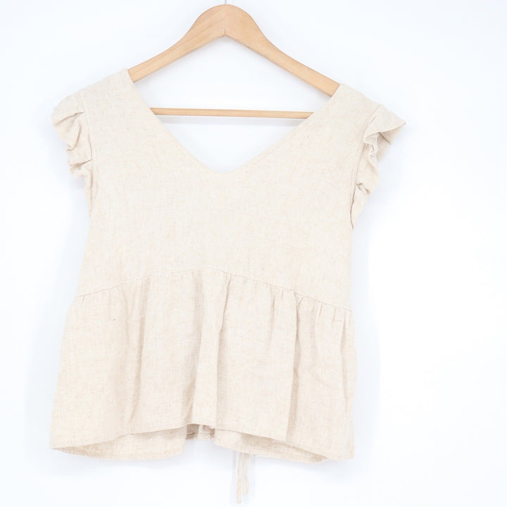 New In Oatmeal Linen Blend Ruffle Sleeve Lace Up Back Peplum Top Large